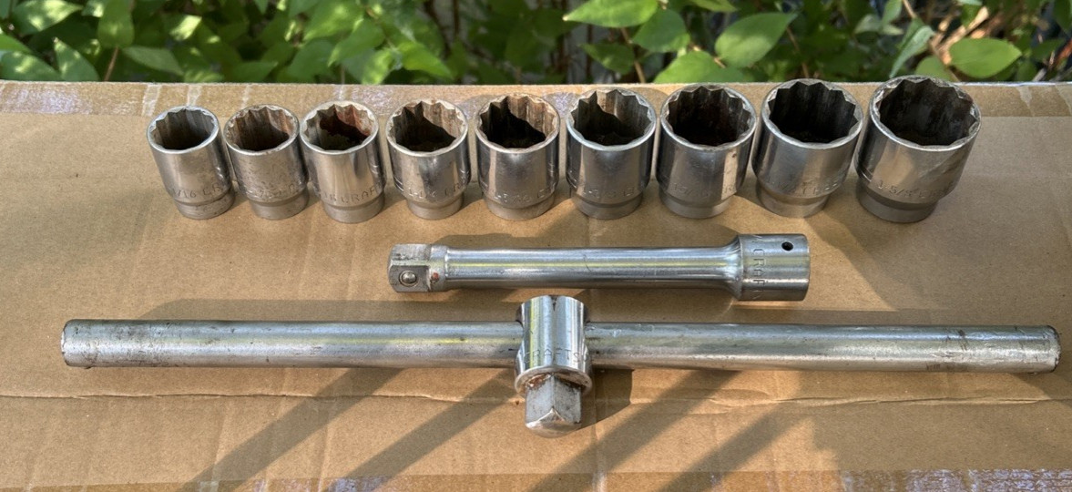 (9) CRAFTSMAN V SERIES 3/4” DRIVE SOCKETS- 18″ SLIDING BREAKER and 8″ EXTENSION.