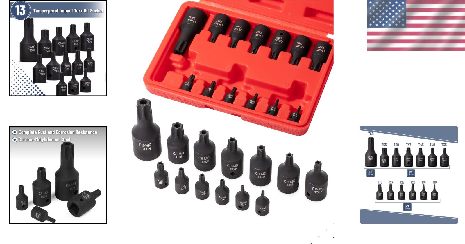Versatile Bates Torx Bit Set, 13 Pieces, T10-T60, Compatible with All Drives