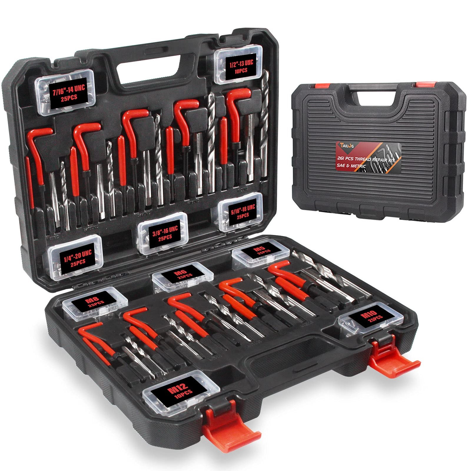 TAILUG Thread Repair Kit, 261-Piece HSS Drill Helicoil 261 PCS SAE & Metric