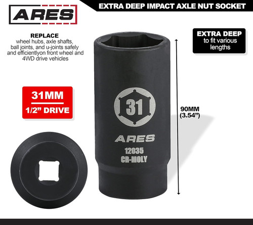 ARES 12035-31MM Axle Nut Socket – 6 Point – Extra Deep 31mm 6-Point