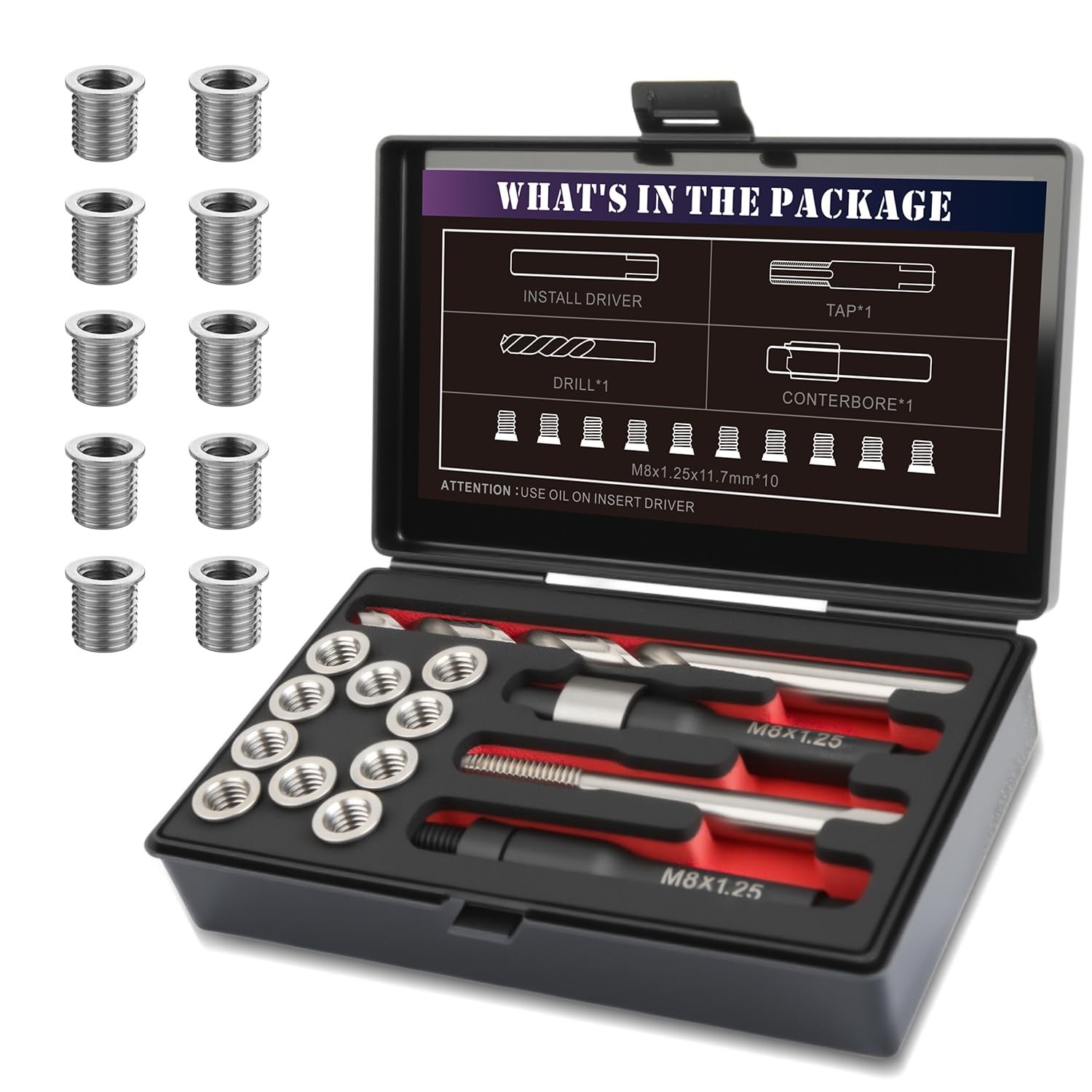 SENNMONN M8x1.25 Thread Repair Kit with 11.7mm Insert HSS Drill, Tap, Silver