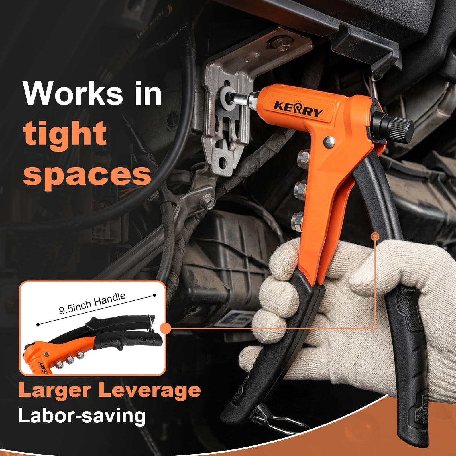 Kerry Rivet Nut Gun Tool, One-Handed Riveters 9.5″ 9.5”, Orange and Black