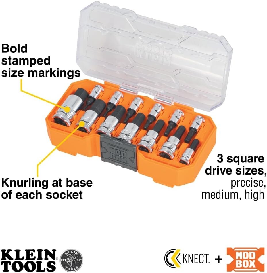 Klein Tools 65213HEX Knurled Hex Bit SAE Socket Set, 1/4, 3/8 and 1/2-Inch Drive