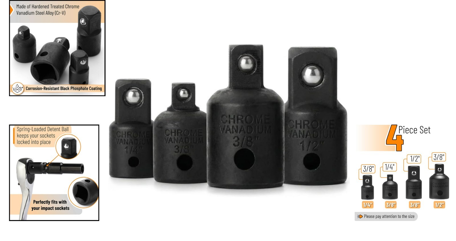 Bates 4-Piece Impact Socket Adapter Set – Chrome Vanadium Steel Durable Design