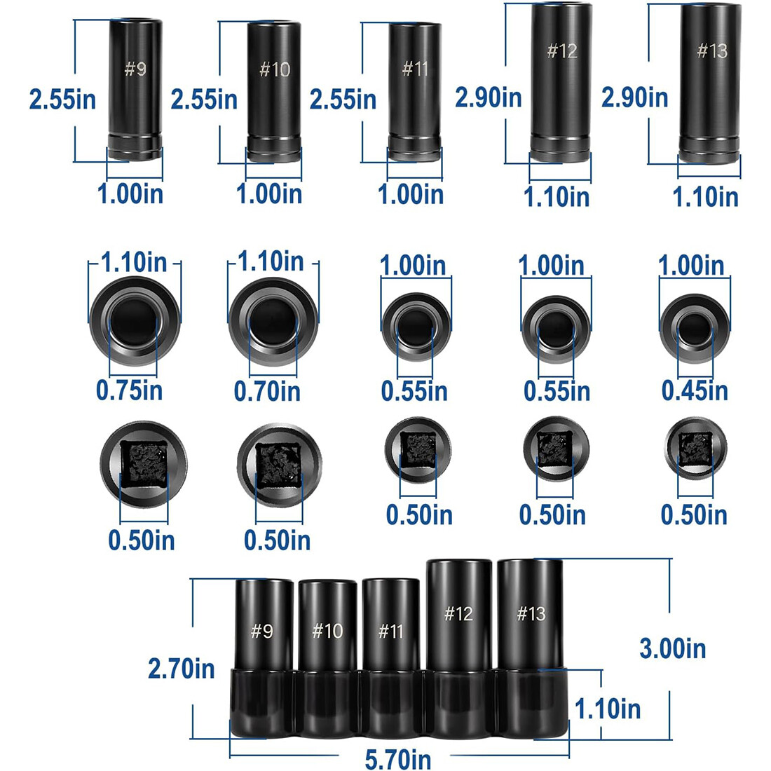 71670 Large Tap Socket Set For 5/8″, 11/16″, 3/4″, 7/8″ and 1″ Taps, 1/2″ Drive