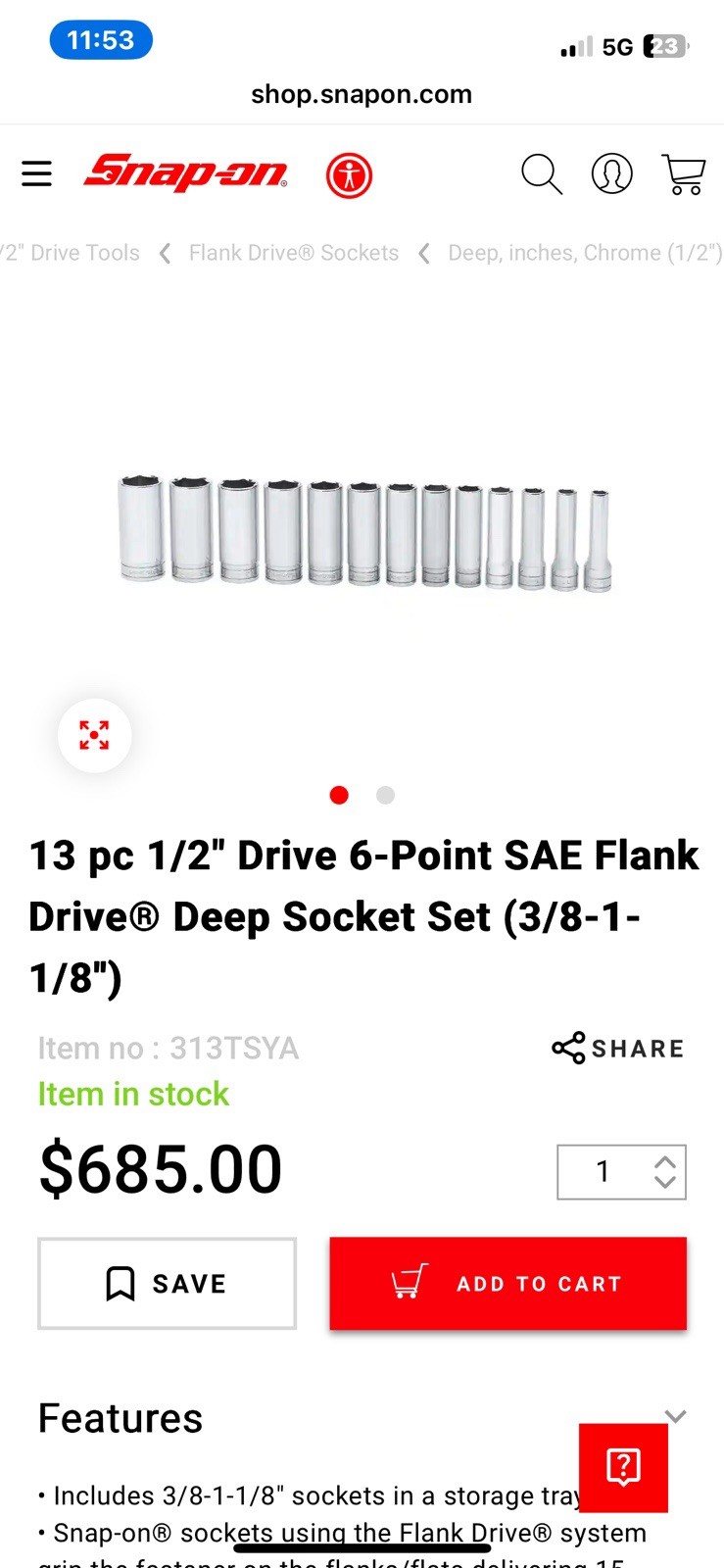 Snap on 13 pc 1/2″ Drive 6-Point SAE Flank Drive Deep Socket Set (3/8-1-1/8″)