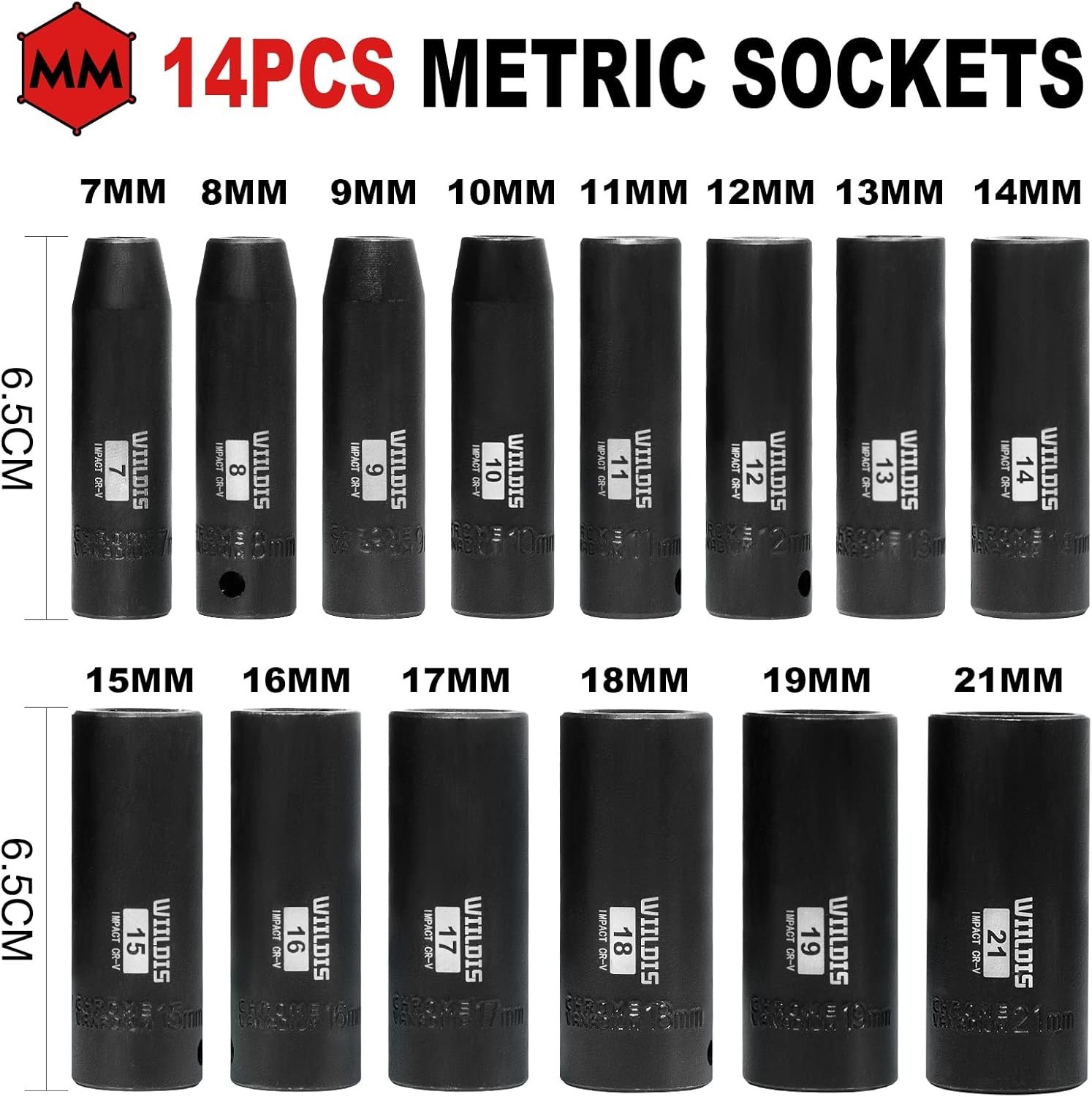 14-Piece 3/8-Inch Drive Impact Socket Set 7-21mm CR-V 6-Point Black Finish