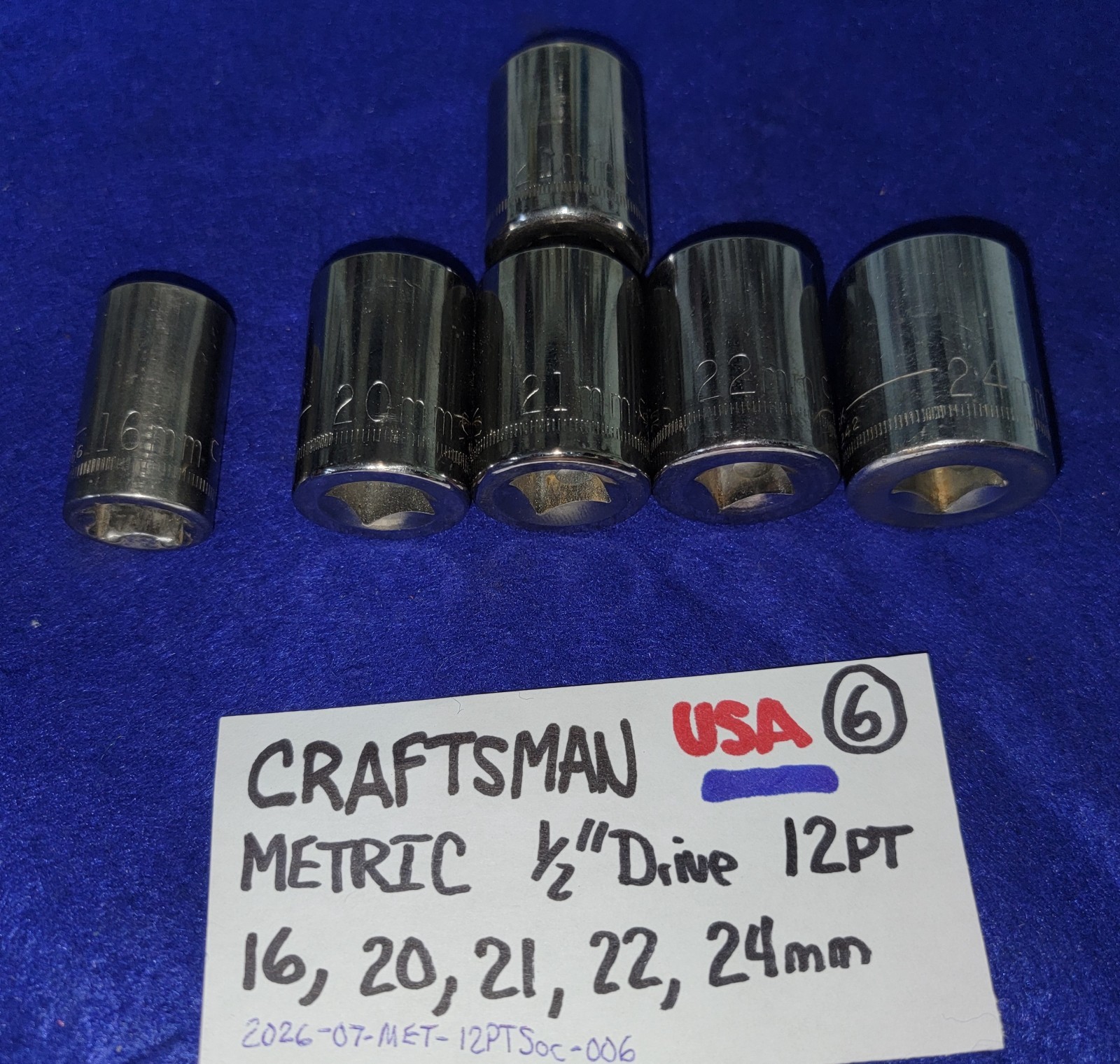 CRAFTSMAN 1/2″ Drive 12PT Socket LOT 16mm, 20mm, 21mm, 22mm & 24mm Made in USA