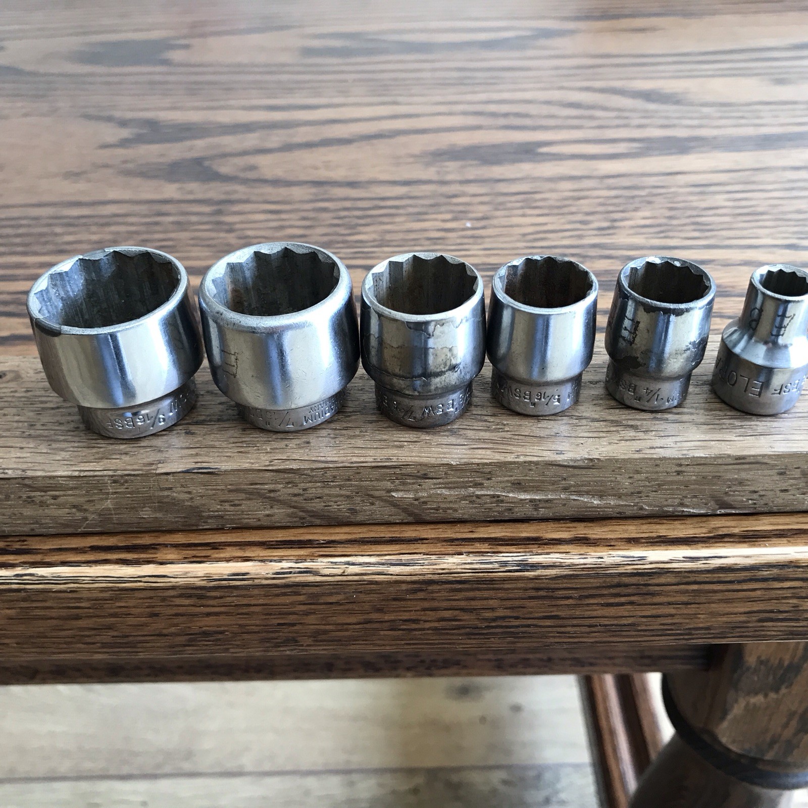 6 Vintage Elora 3/8” Drive Whitworth Sockets 1/2” To 1/8” BSW.