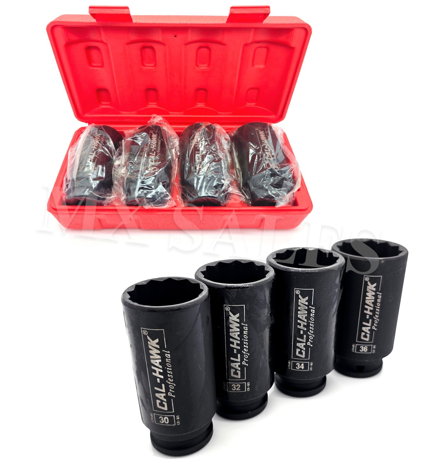 4Pc 1/2″ Dr Deep Spindle Axle Nut Socket Set 12 POINT METRIC 30mm 32mm 34mm 36mm