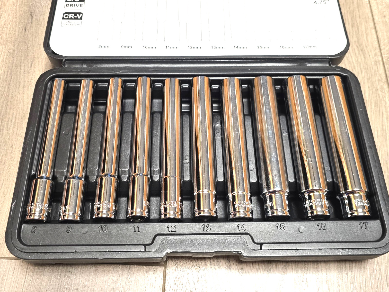 Ementol 10pc 3/8″ dr, 6 Point Extra Long Deep 4.75″ Long Socket Set 8-17mm