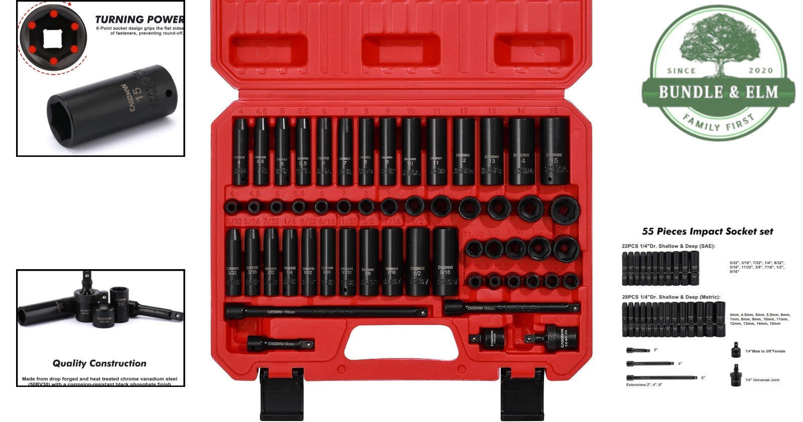 Versatile 55-Piece Impact Socket Set with 1/4-Inch Drive and Universal Joint