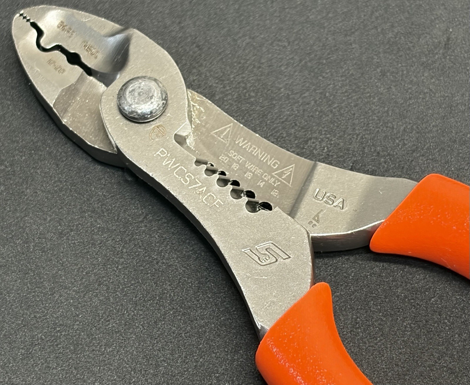 NEW! Snap On ORANGE Talon Grip 7″ Wire Stripper Cutter Terminal Crimper PWCS7ACF