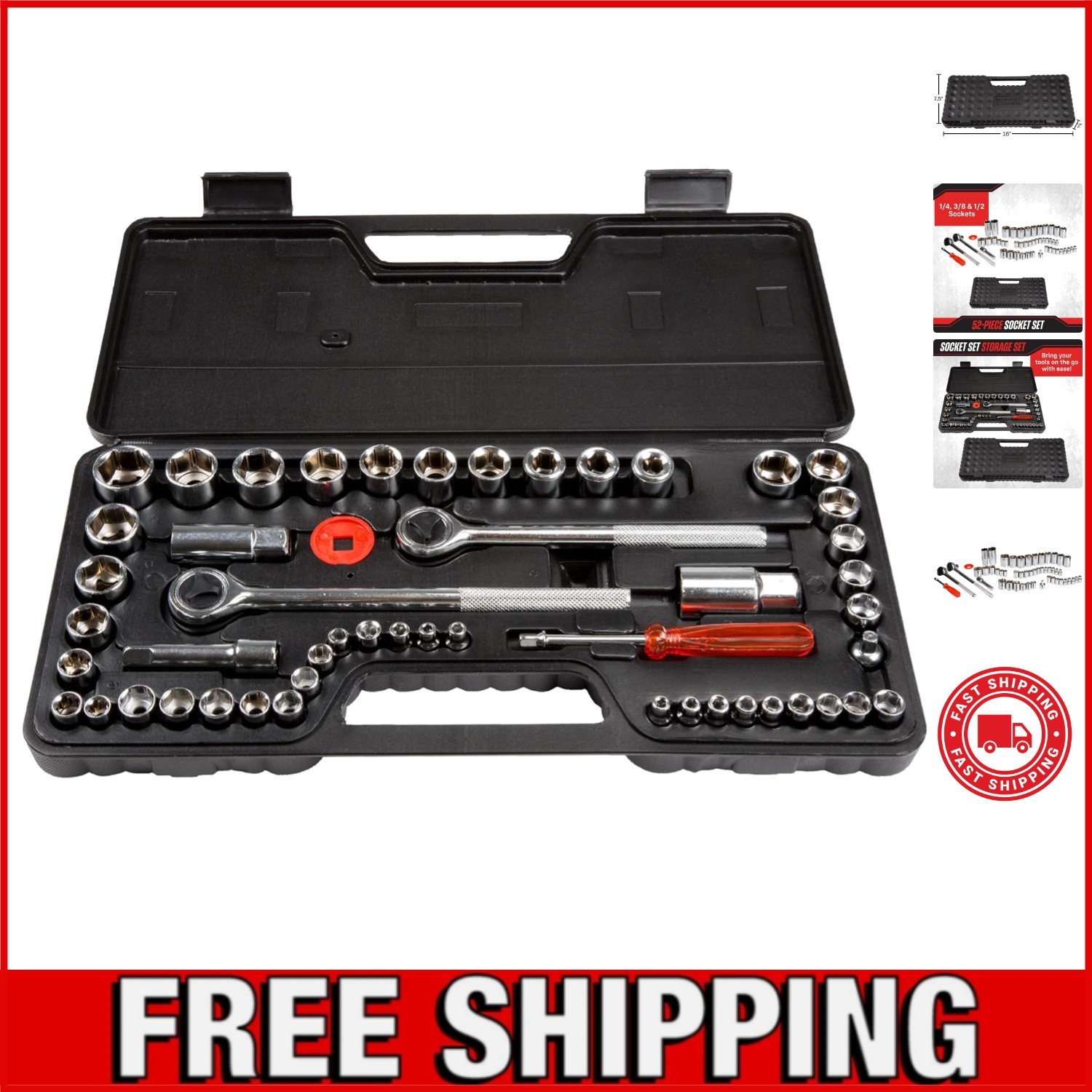 52-Piece Drive Socket Set – 1/4, 3/8 and 1/2 Sockets – SAE and Metric Tools f…