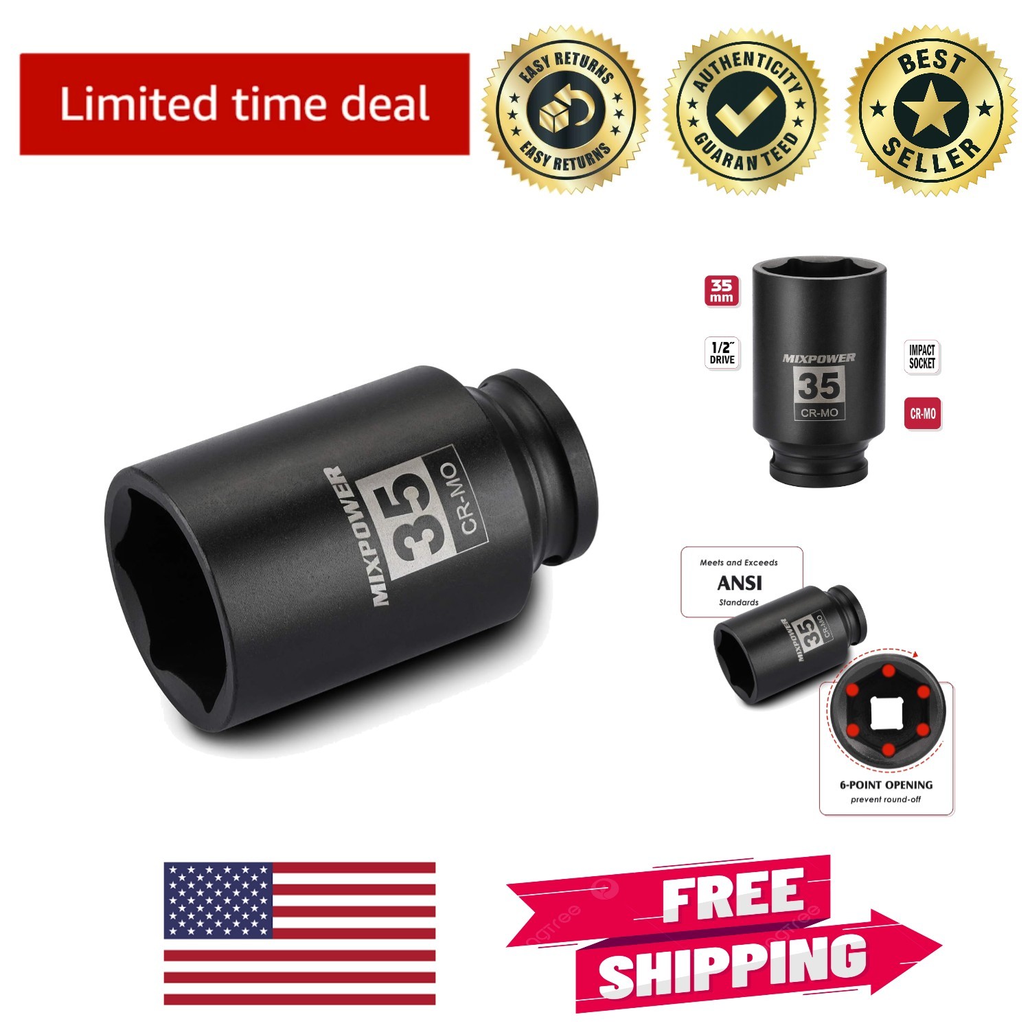High-Torque 1/2″ Drive Deep Impact Socket, 35mm – Engineered for Impact Drivers