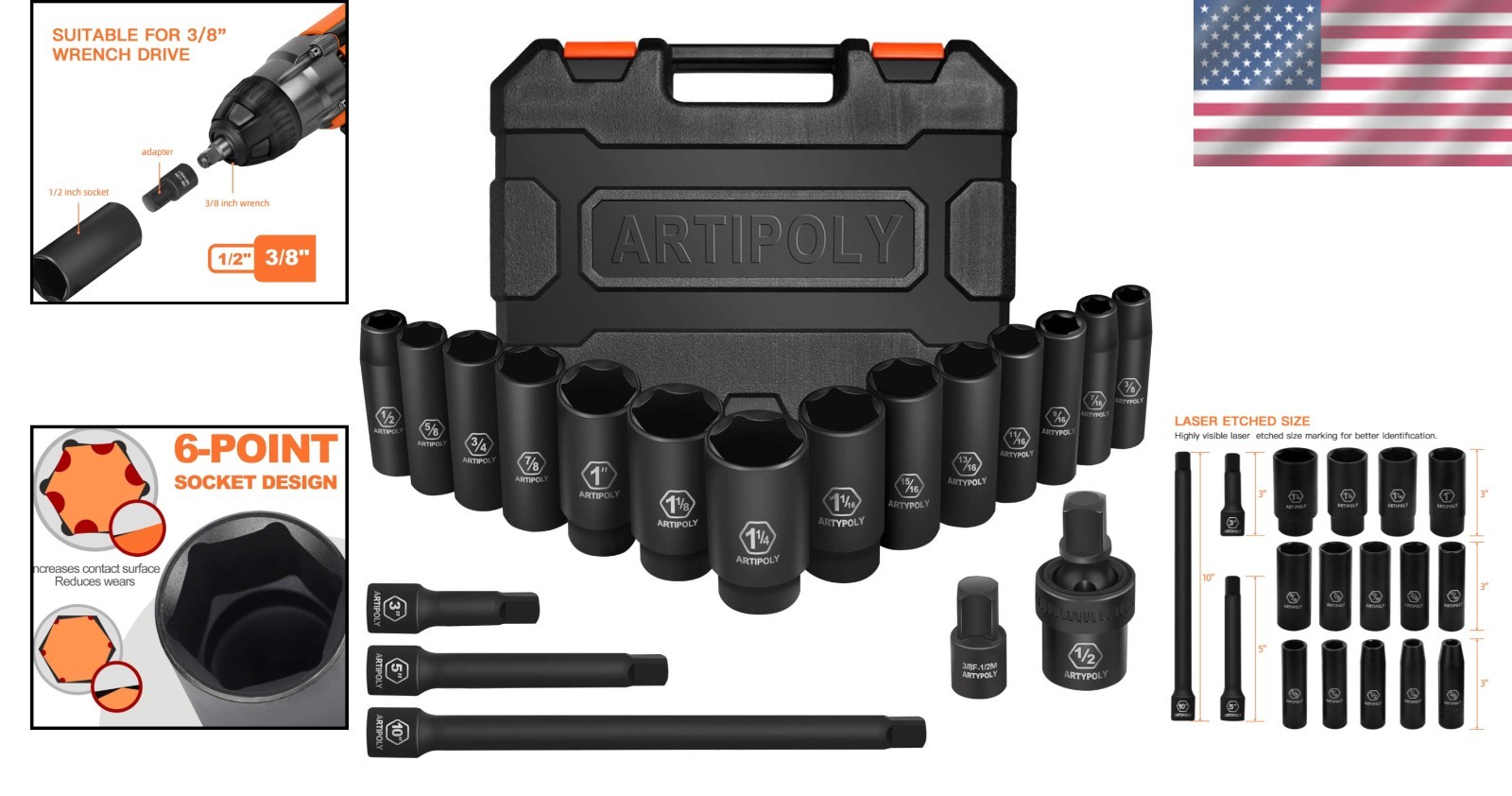 ANSI Certified 19-Piece SAE Deep Impact Socket Set