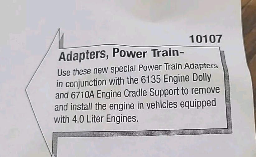 Miller 10107. Power Train Adapters. 2007. Use With Dolly/cradle Support. 4.0 Lts