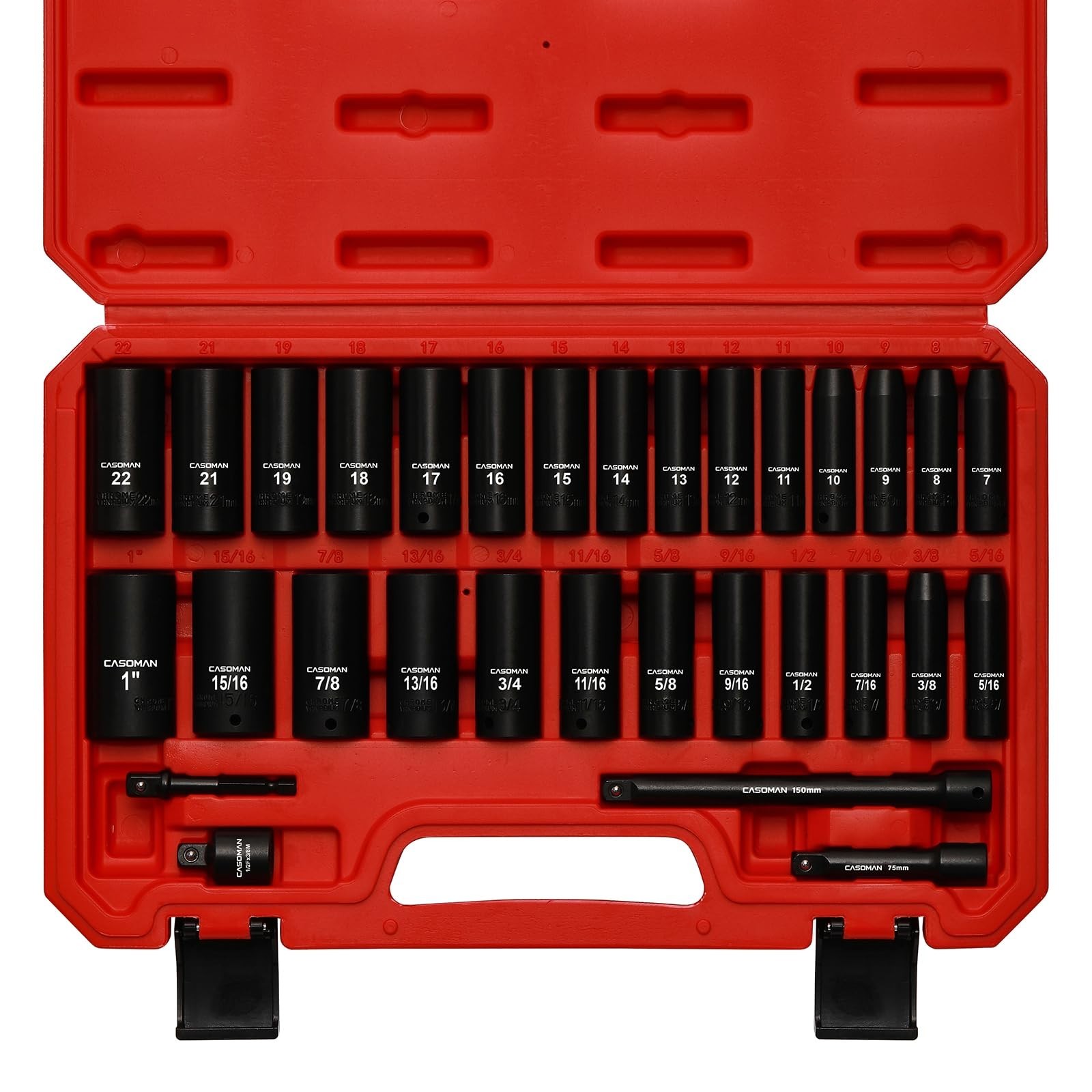 31-Piece Deep Impact Socket Set, Metric & SAE, CR-V, Includes Extension Bar & Ad