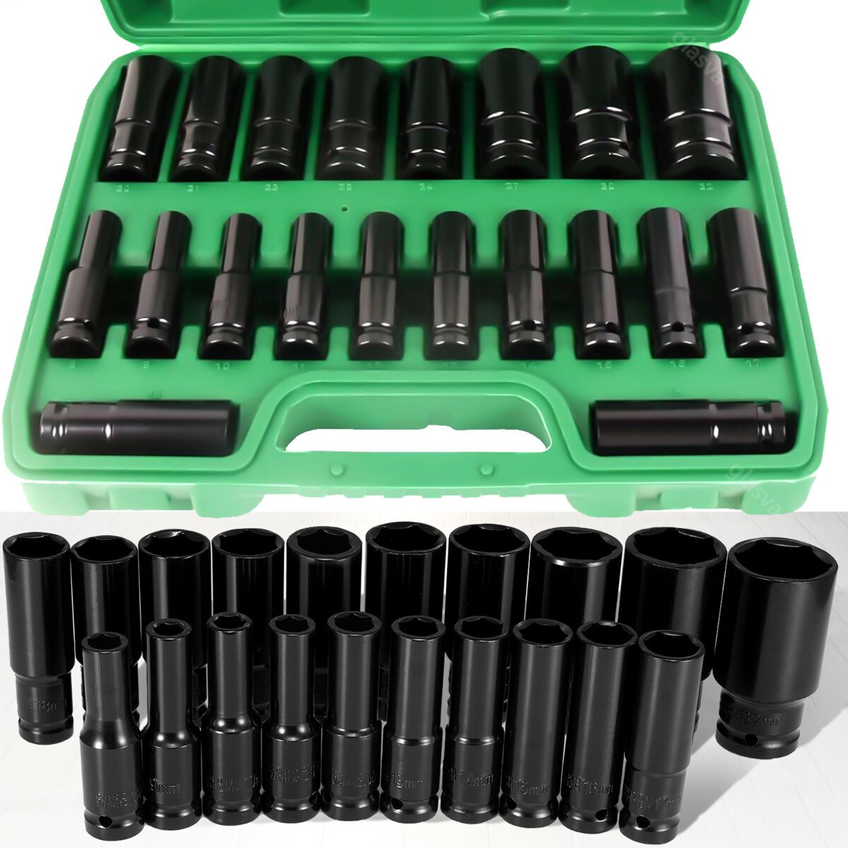 20PCS 1/2»Deep Impact Sockets Set Drive Metric 8mm-32mm Deep 6-Point Set w/case