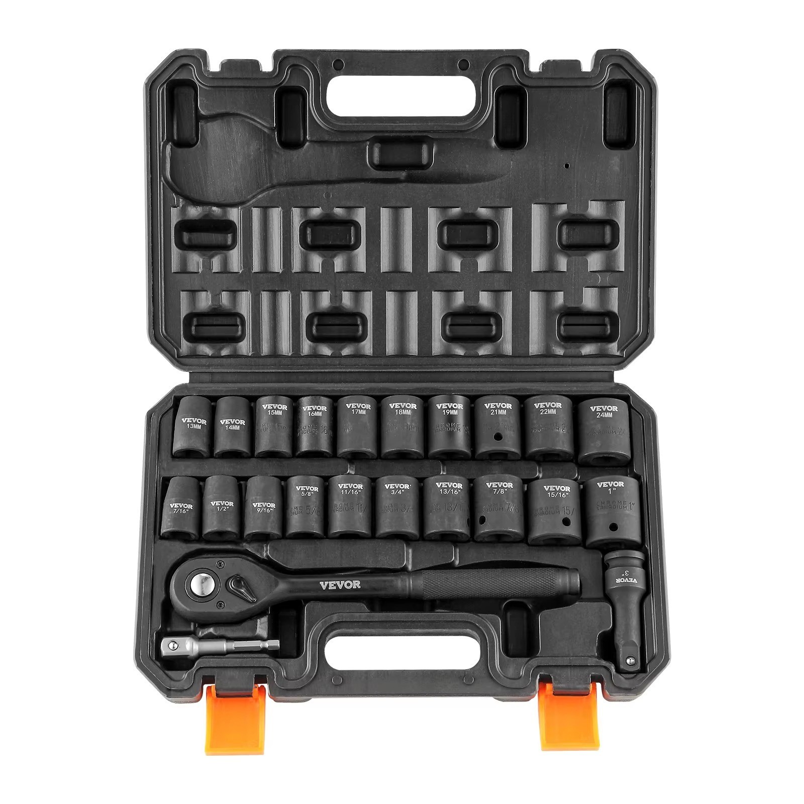 23Pcs 1/2″ Drive Impact Socket Set SAE 6 Point Cr-V Alloy Steel Auto Repair