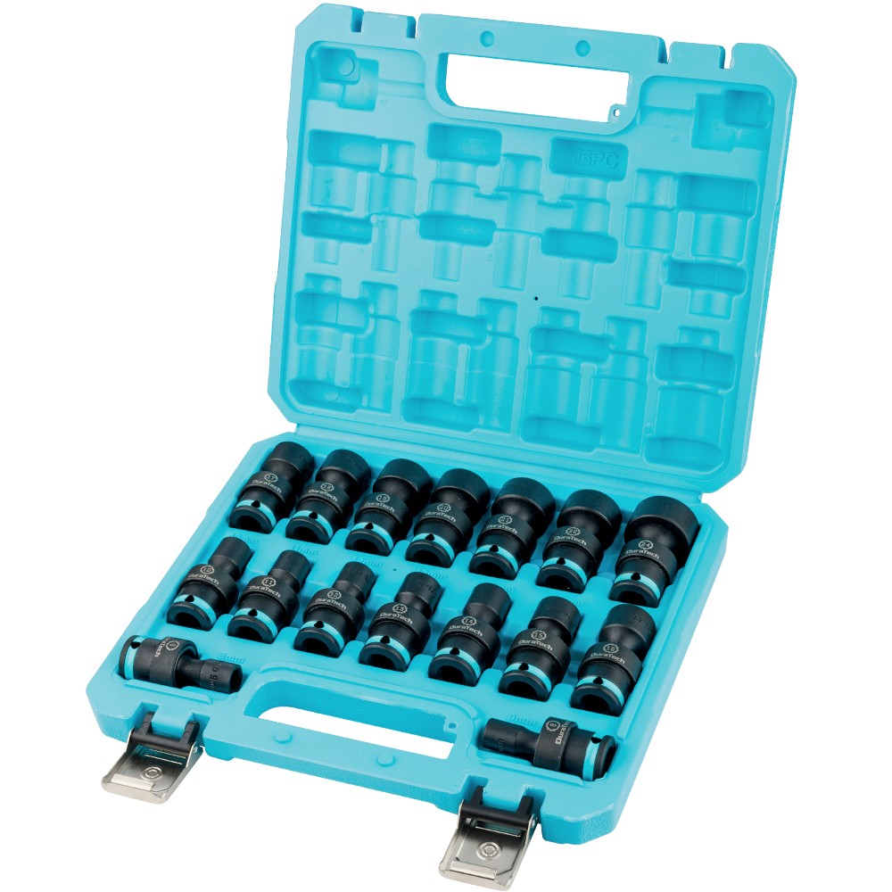 DURATECH 16PC 3/8″ Drive Shallow Impact Swivel Socket Set Wobble Metric 8mm-24mm