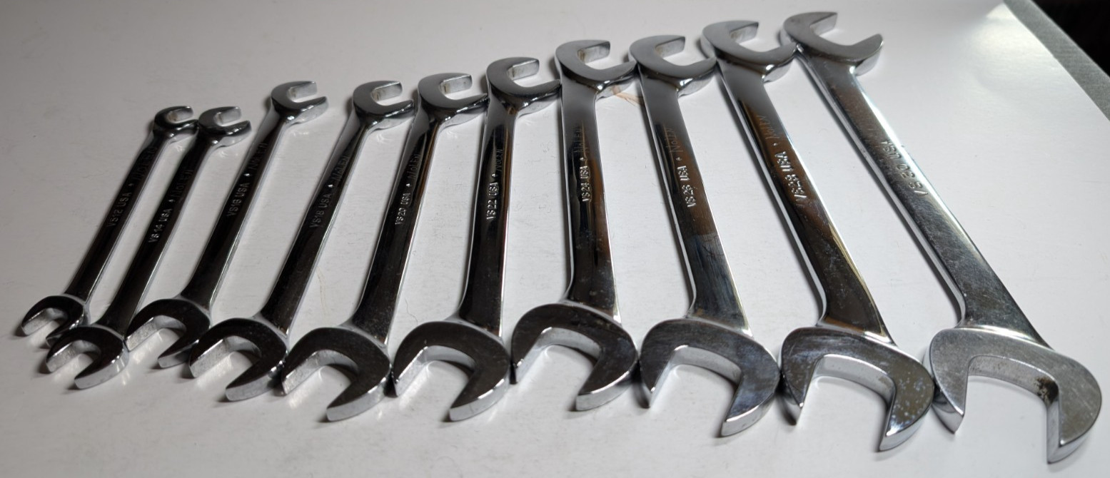 SNAP ON TOOLS 10PC 6-POINT SAE 4 WAY ANGLE OPEN-END WRENCH SET 3/8 – 15/16 USA