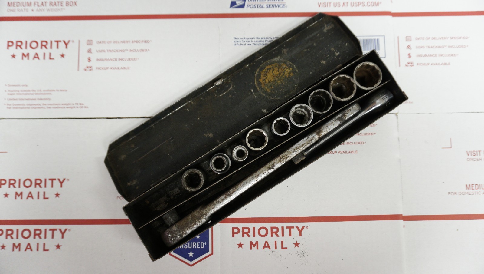 Vintage «The Superratchet» J.H Willams S.51 1/2″ Ratchet with 9 Sockets and Box