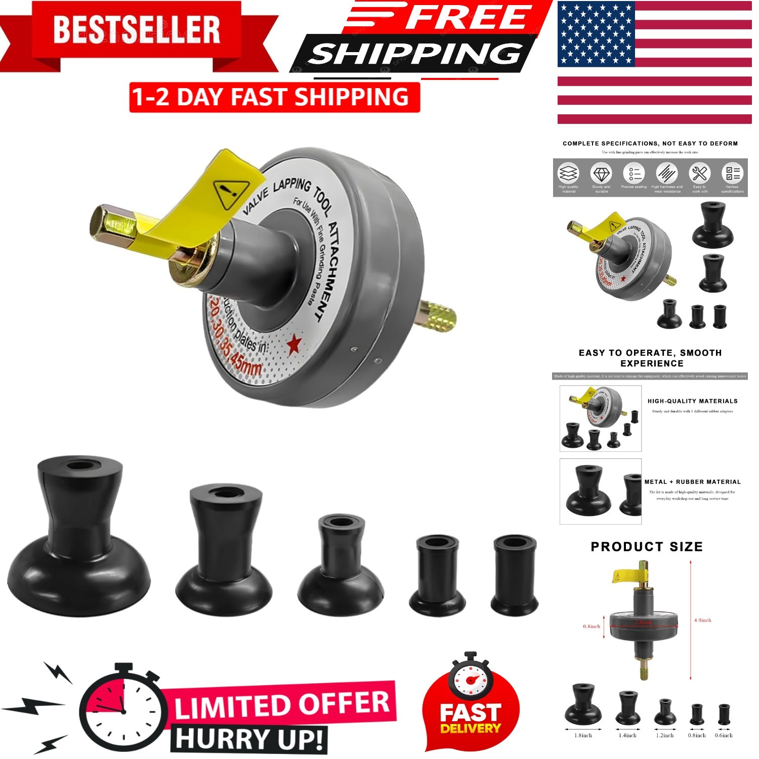 Valve Lapping Tool Kit Valve Lapping Tool & Compound Kit with 5 Suction Plate…