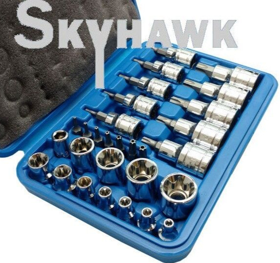29-PC 1/4″ 3/8″ 1/2″ DR TORX female male Socket Bit Set tamper proof bits w/case