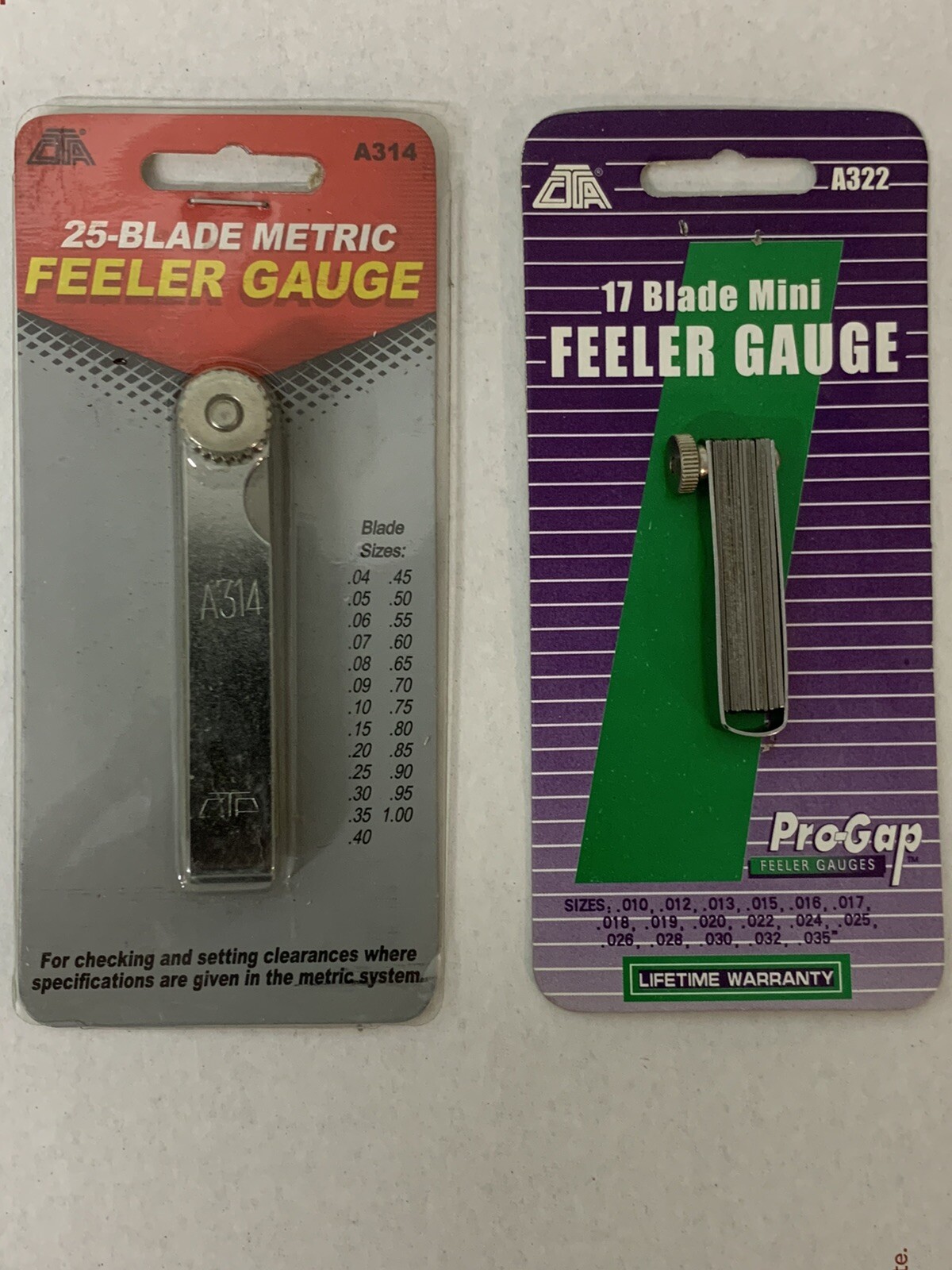 Feeler Gauge CTA 25 Blade Set A314 and 17 Blade Mini A322 2 Packs Lot