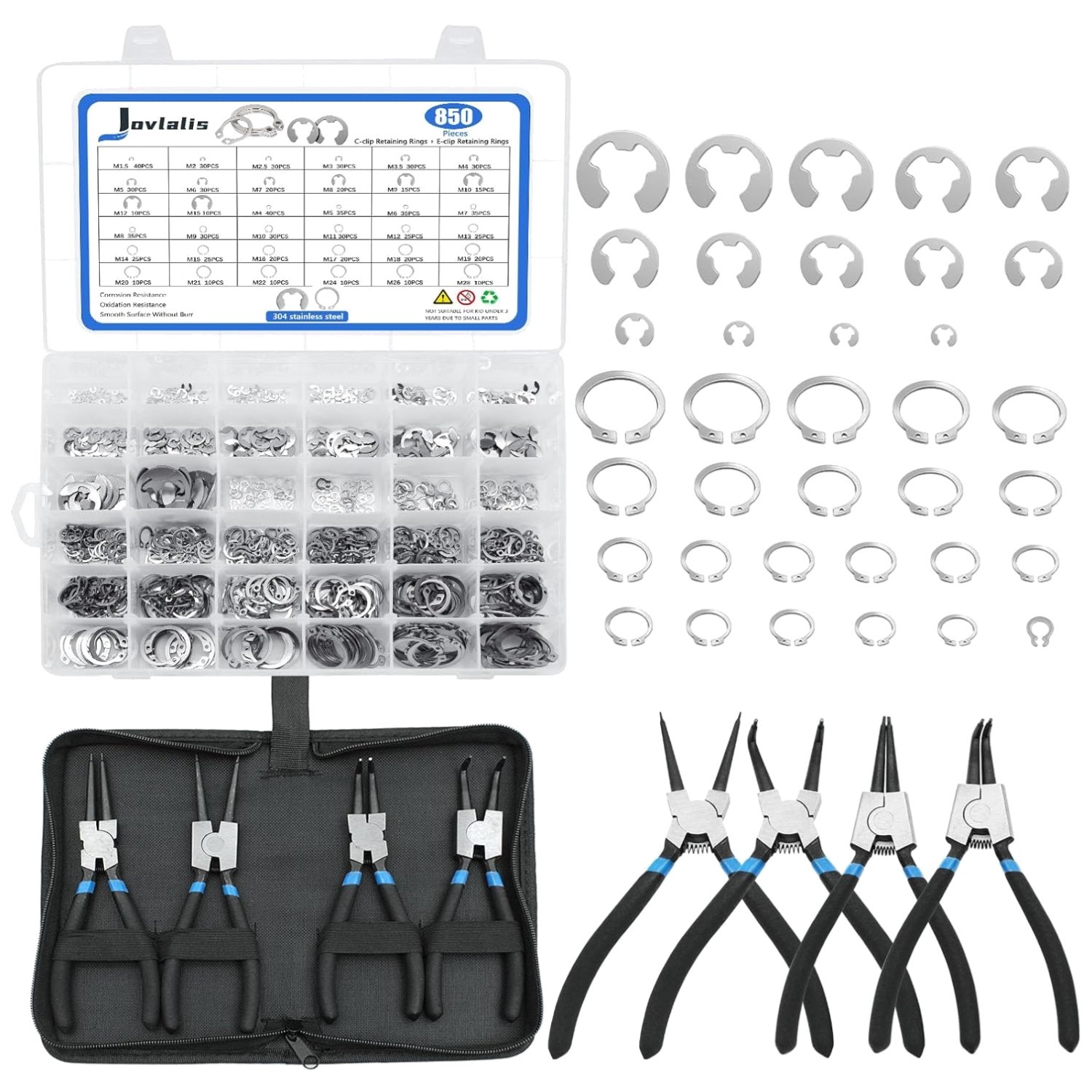 Stainless Steel Snap Rings + E-clip Assortment + 4-Pc Pliers