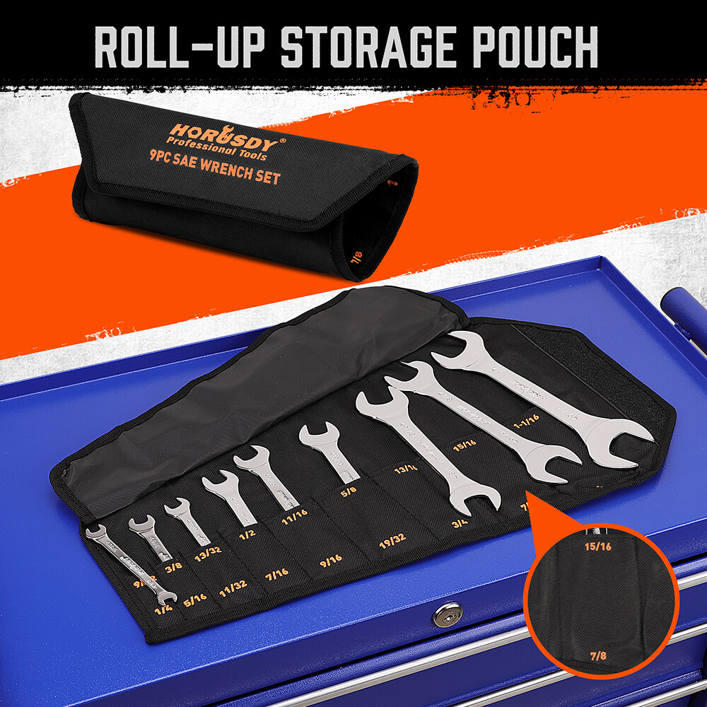 9PC Super-Thin Open End Wrench Set SAE 1/4″ – 1/16″ Slim Spanner Rolling Pouch