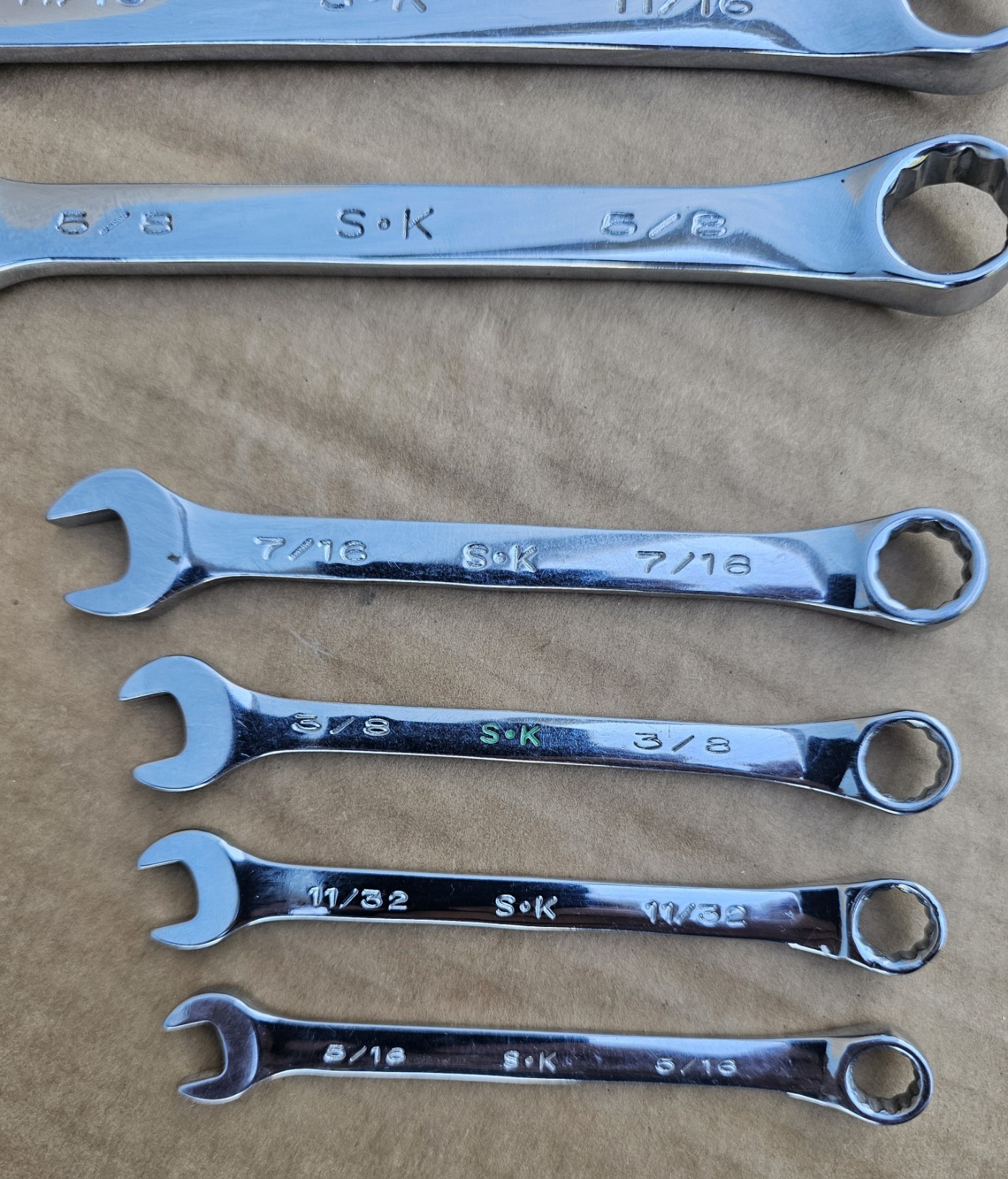 S-K Tool 11 pc. SAE Polished Chrome Combination Wrench Set Military Surplus