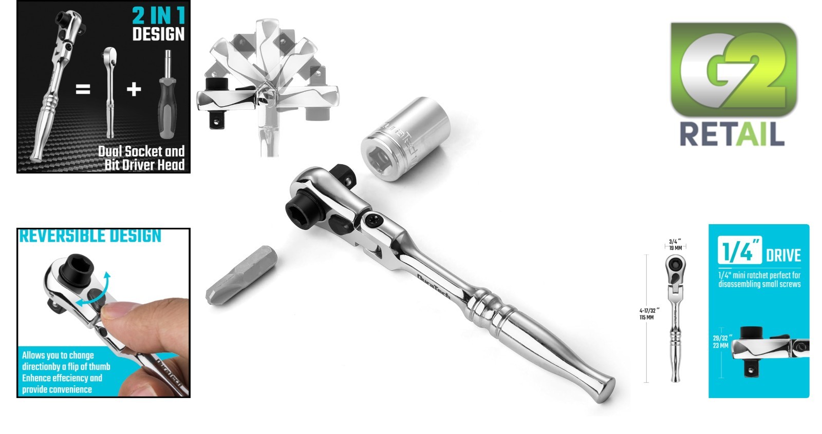 2 in 1 Flex Head Ratchet & Socket Driver – Polished Chrome, 496.2 In-lb Torque