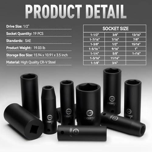 19 Pcs 1/2″ SAE Impact Socket Set – Deep 6-Point Cr-V & Alloy Steel, Durable Cas