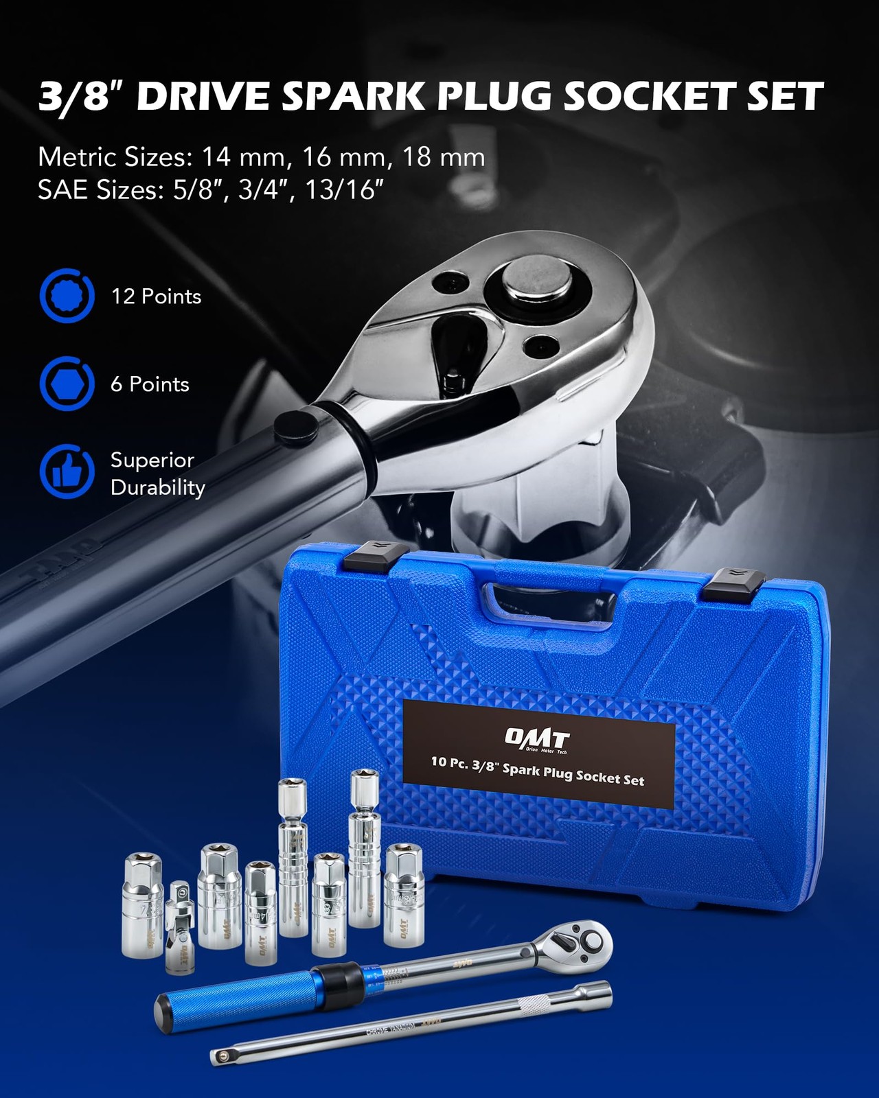Orion Motor Tech 10Pc 3/8″ Drive Spark Plug Socket Set Torque Wrench Kit