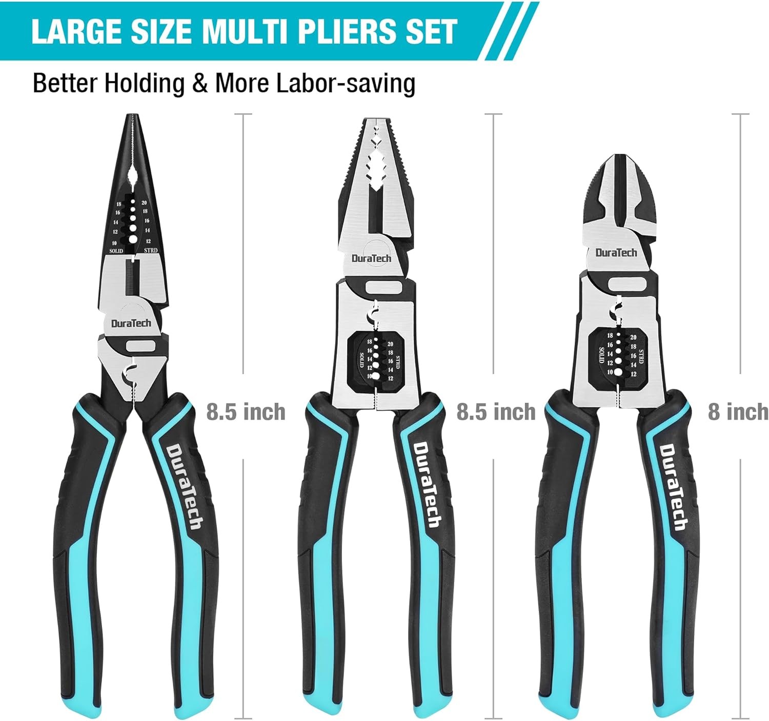 DURATECH 3PCS Pliers Set, Large 6 in 1 Multifunctional Wire Stripper Black