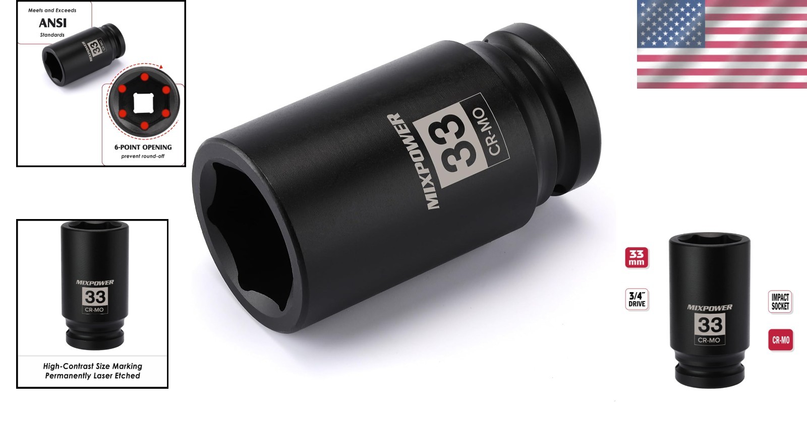 Durable Chrome Molybdenum 33mm Impact Socket – 3/4-Inch Drive for Maximum Torque