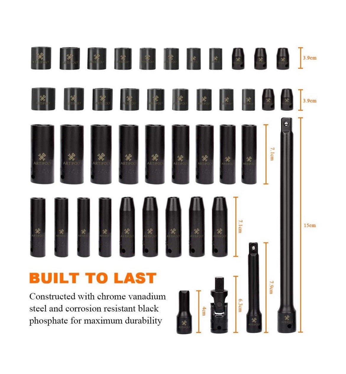 3/8 Inch Impact Socket Set 48 Pieces 6-Point Cr-V Steel Mechanic