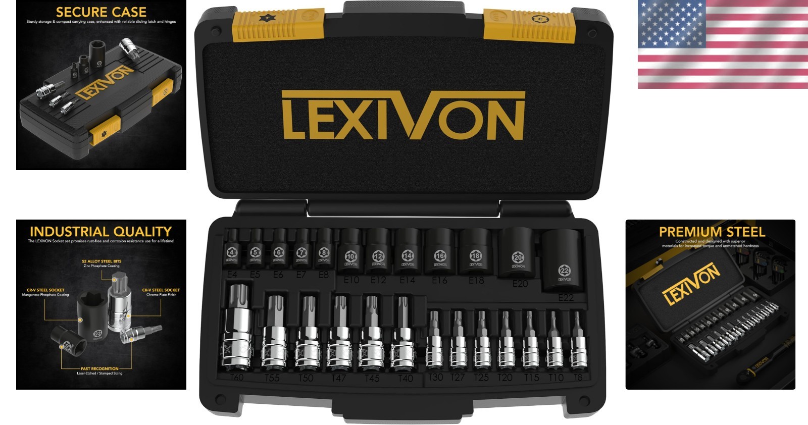 Durable Torx and E-Torx Bit Set 25 Pieces Rust Resistant Storage Case Included