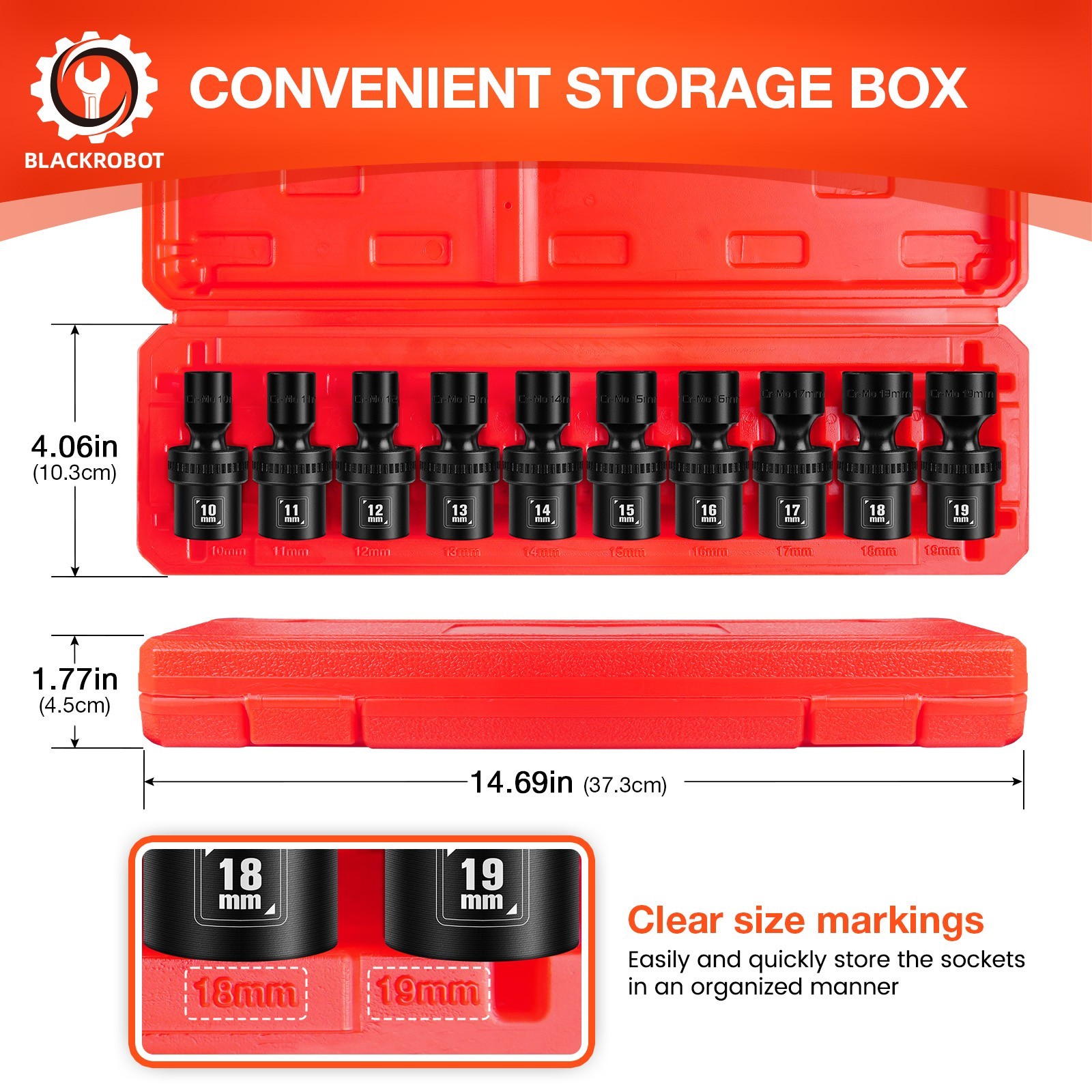 1/2″ Drive Swivel Socket Set, 10-Pcs Metric Size (10-19mm), Shallow Socket Set