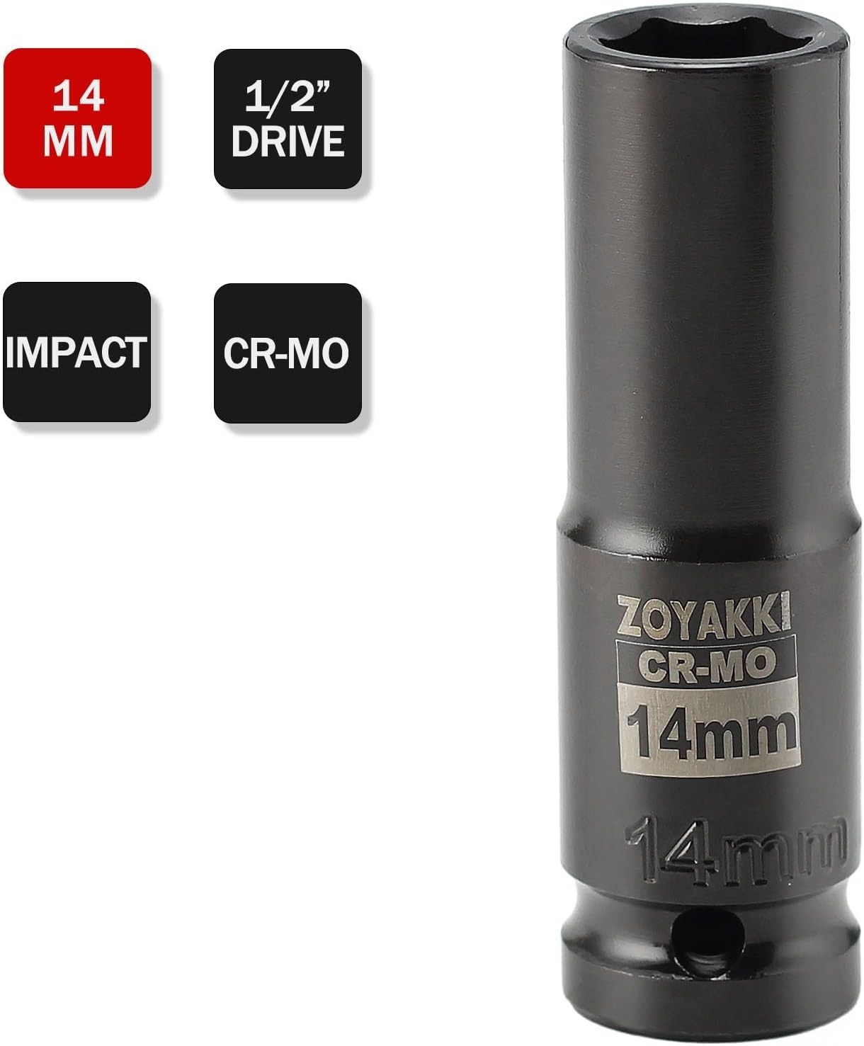 Heavy-Duty 14mm Impact Socket, Deep Design Compatible with 1/2″ Drive Wrenches