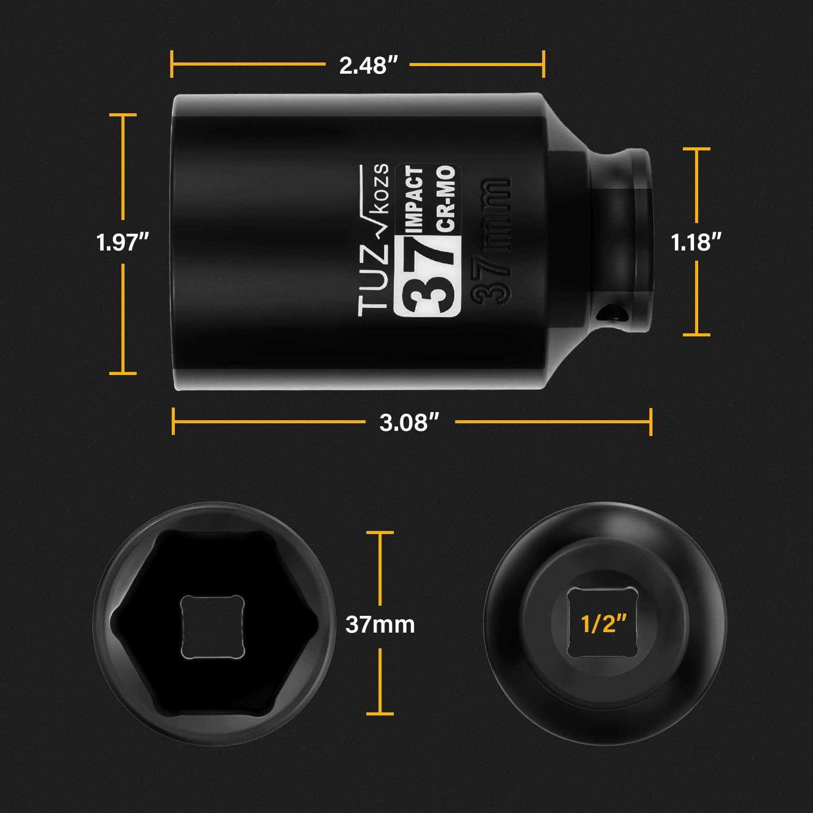 37mm Deep Metric Impact Socket 1/2″ Drive, CR-MO, 6 Point, Axle Nut Removal Tool