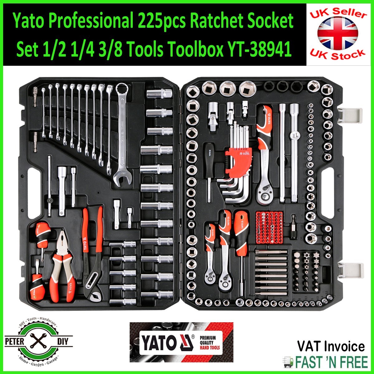225pcs Ratchet Socket Set 1/2 1/4 3/8 Tools Toolbox YT-38941 Professional YATO