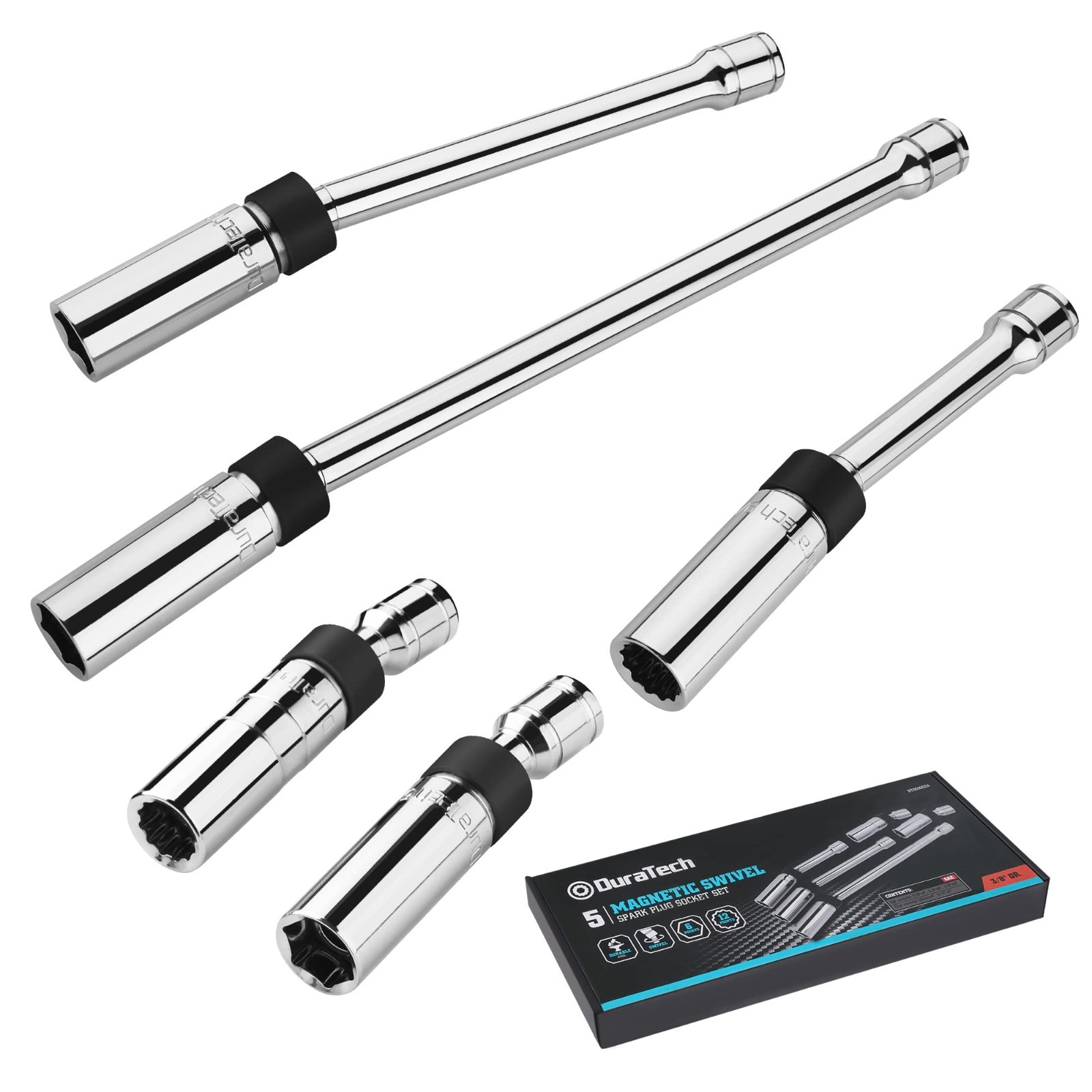 5PCS Swivel Magnetic Spark Plug Socket Set, 3/8″ Drive, Thin Wall, Cr-V Steel
