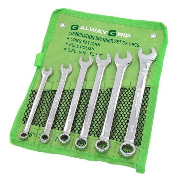 Combination Spanner Set Of 6 Pcs Long Pattern, Full Polish 5/16 To 5/8.