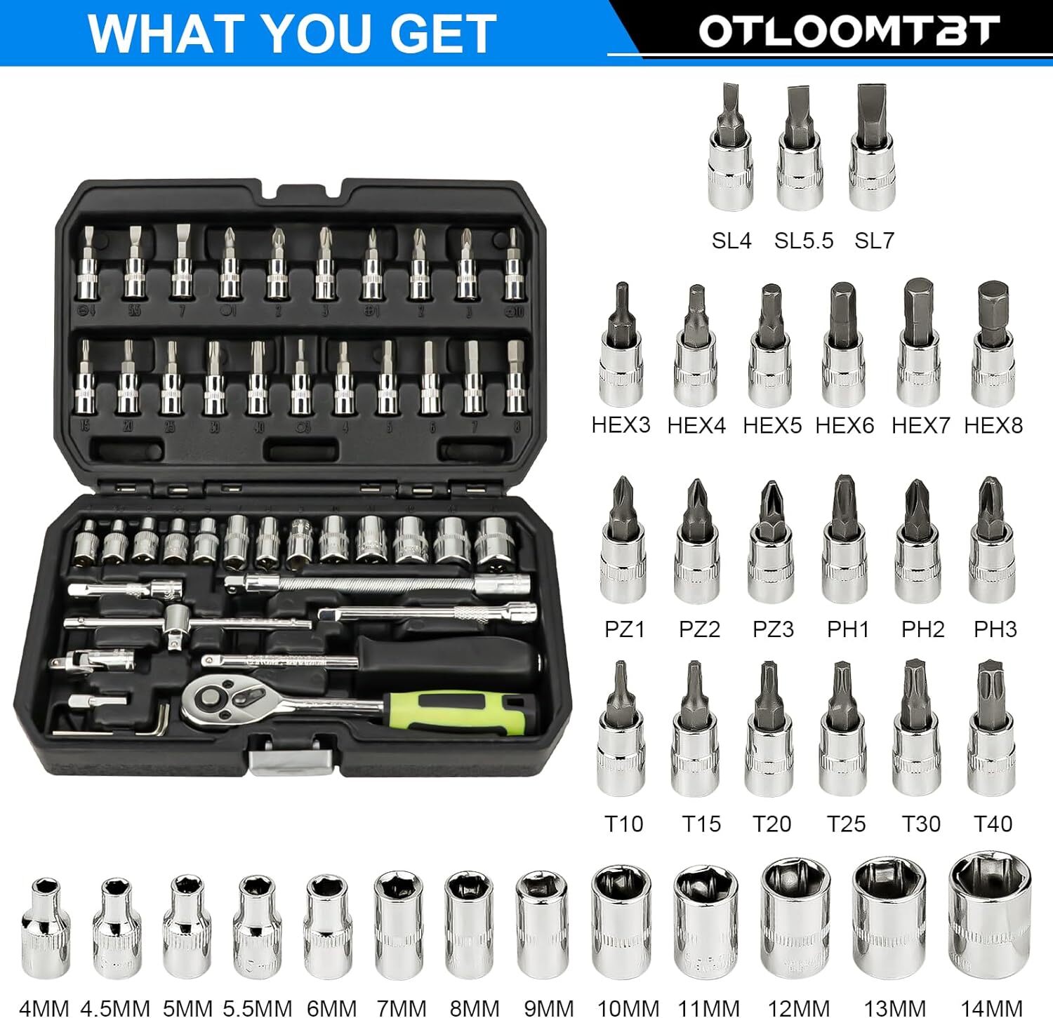 46 Pieces 1/4 Inch Drive Industrial Grade Socket Ratchet Black and Silver