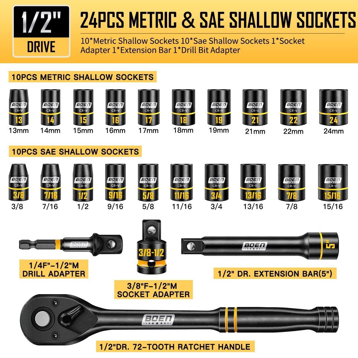 Boen 24-Piece 1/2″ Drive Socket Set, SAE (3/8″ to 15/16″) &Metric (10mm-24mm)