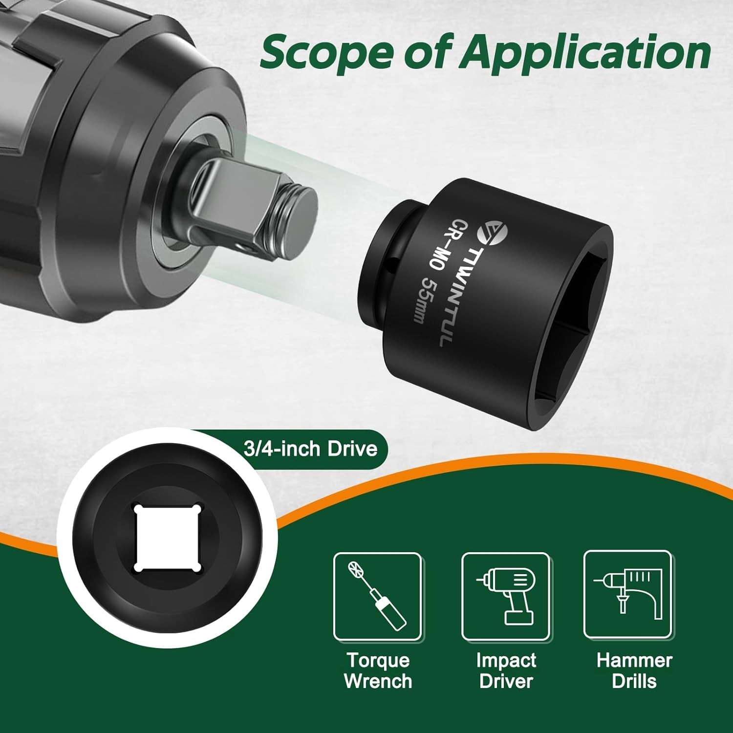 3/4 Inch Drive Impact Socket 55mm Hex 6-Point Chrome Molybdenum Steel Auto