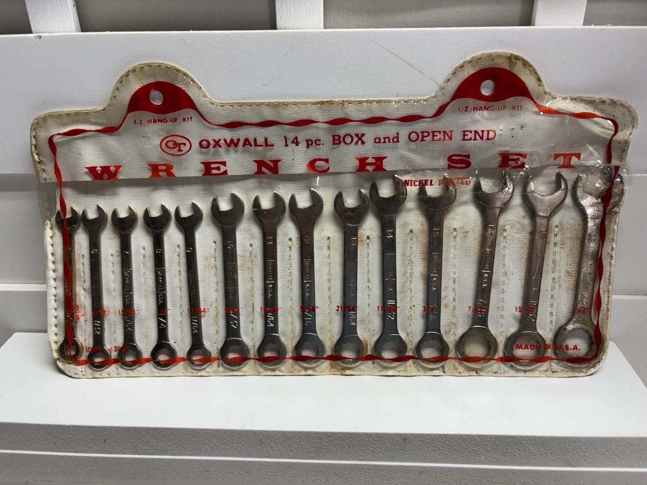 Vintage Oxwall #3972 ~ 14 Piece Box & Open Wrench Set SAE ~ E-Z HANG-UP KIT
